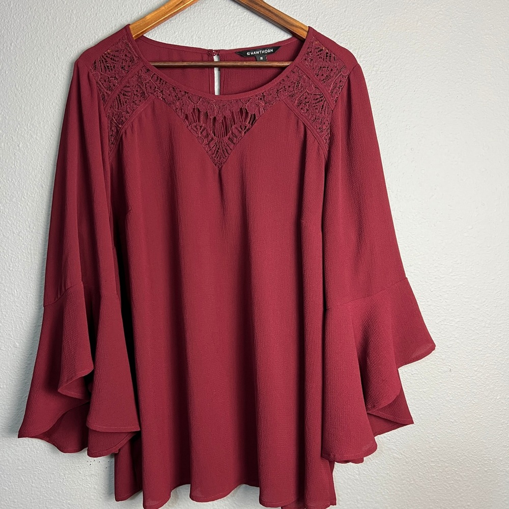41 Hawthorn Bell Sleeve Blouse Lace Detail Top Dark Romantic Burgundy Maroon 2X